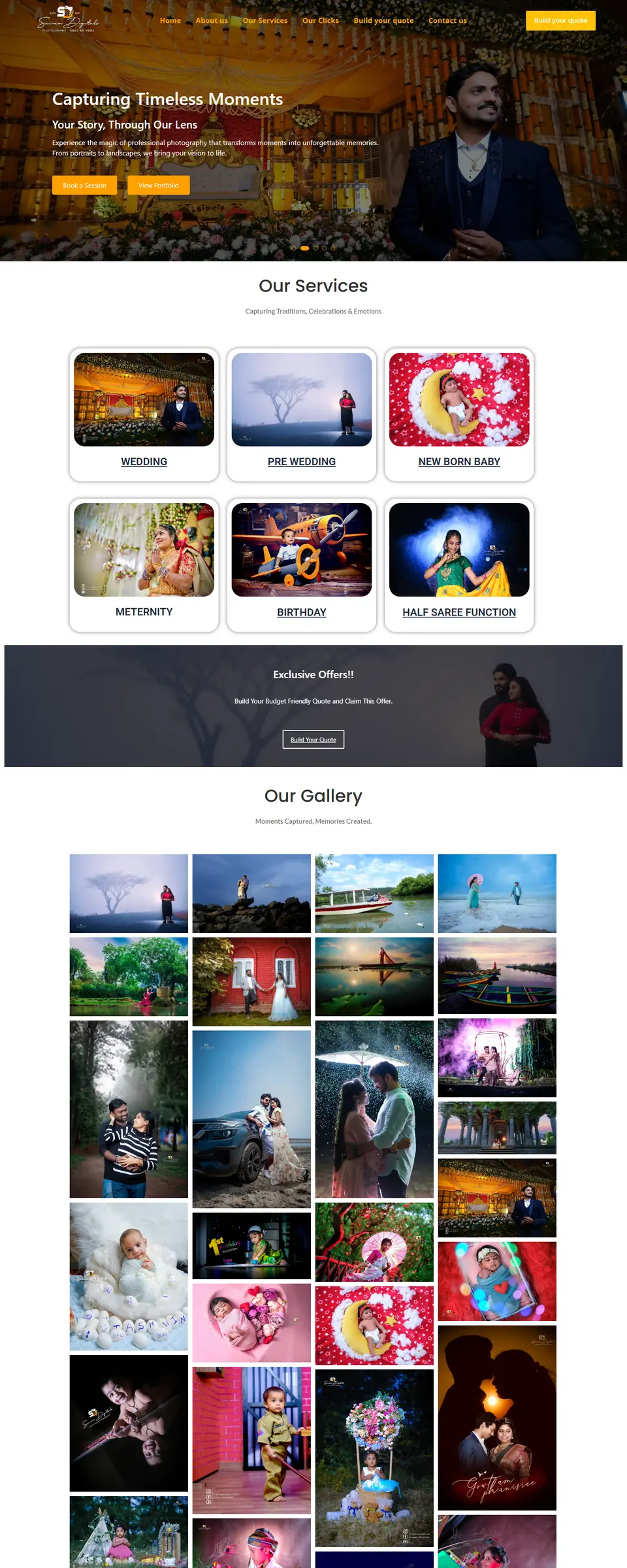 Homepage of the Sai Ram Digitals website showing a wedding couple at a temple with the heading Wedding Photography and Videography