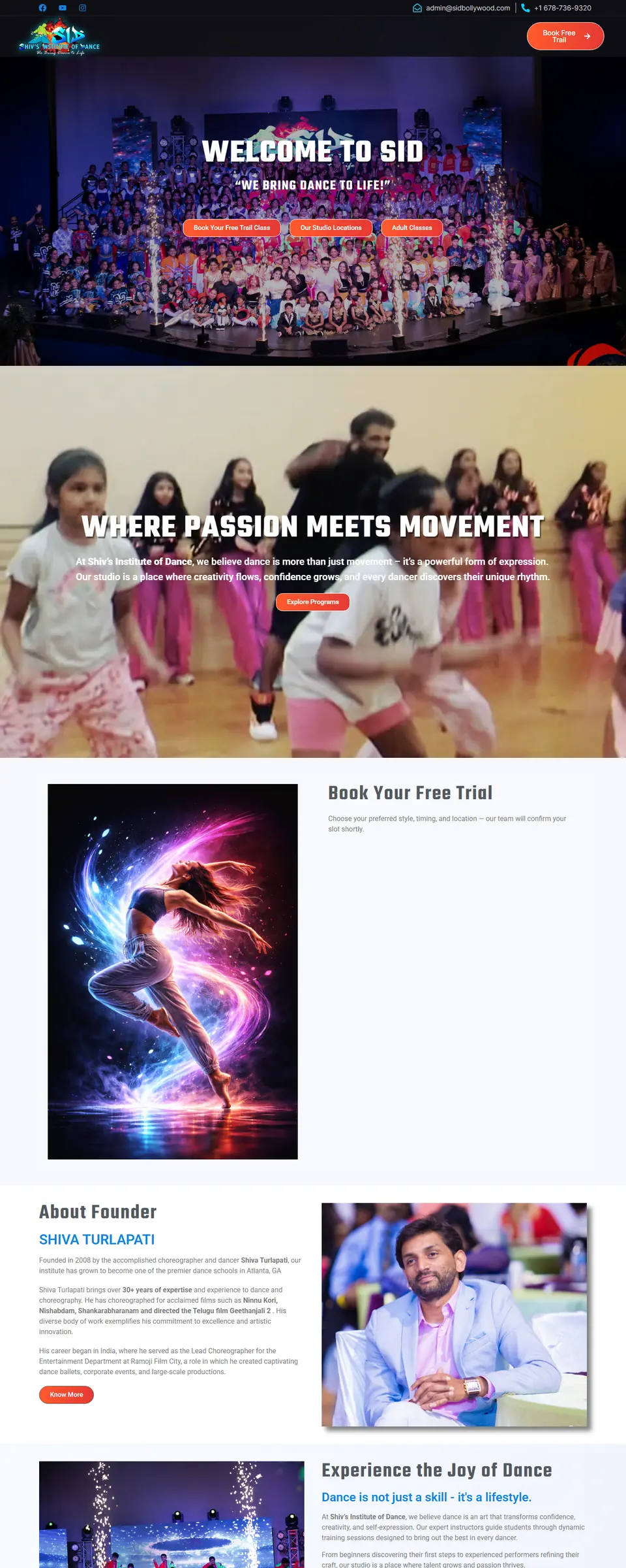 Homepage of the Sid Bollywood Dance website showing dancers on stage under the heading Welcome to SID