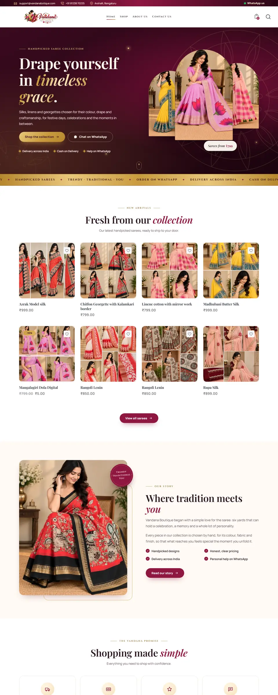 Homepage of the Vandana Boutique store with the heading Drape yourself in timeless grace beside photos of models wearing sarees