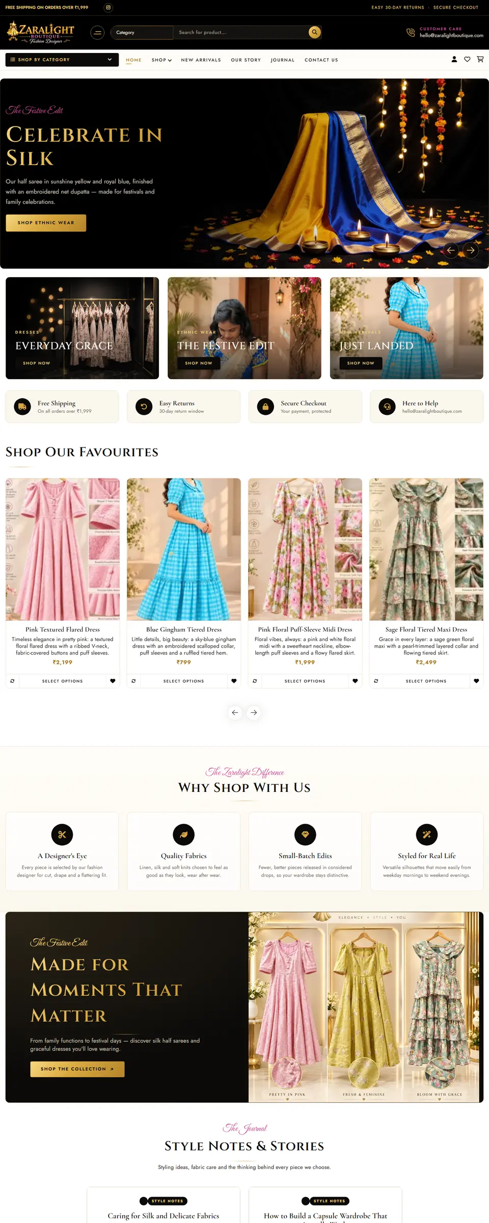 Homepage of the Zaralight Boutique store with a festive silk half saree banner titled Celebrate in Silk